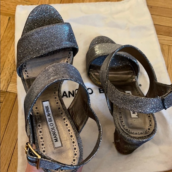 Manolo Blahnik silver sparkly sandal chunky heel